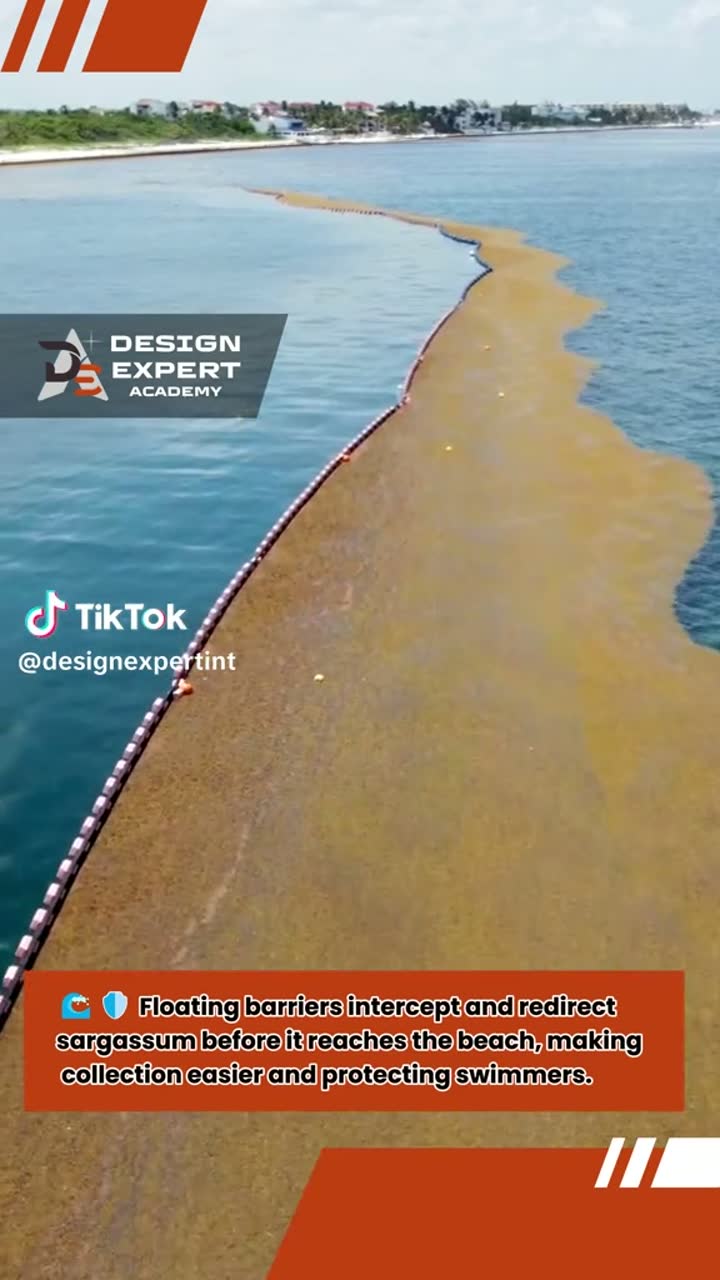 Aerial: floating barrier holding a mat off the shoreline — Mexican Caribbean nearshore