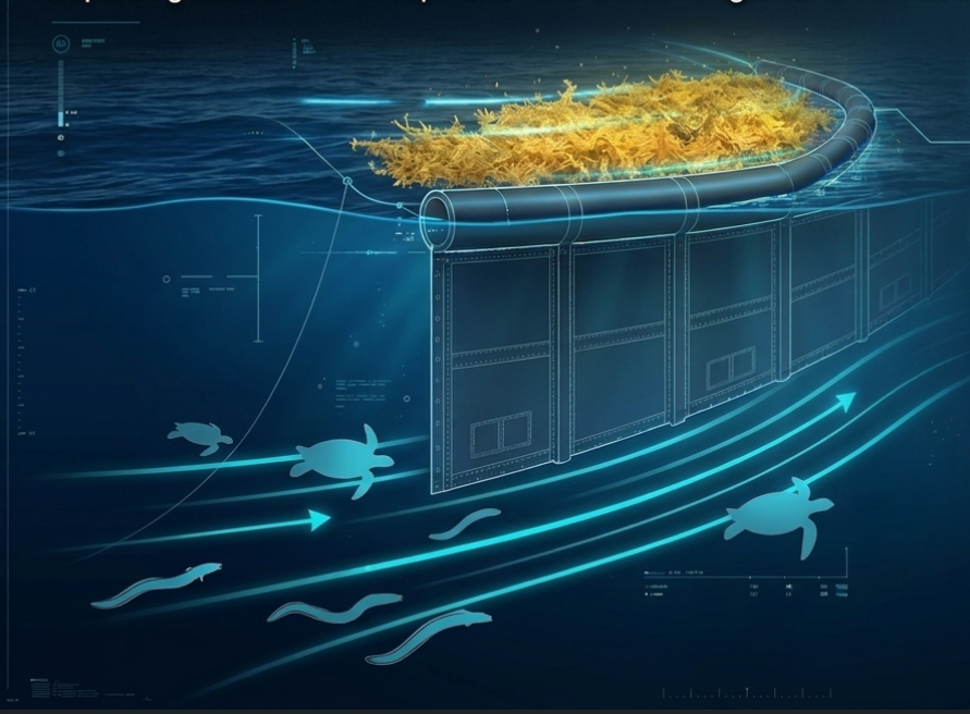 Cross-section of a deep boom barrier: sea turtles and fish pass underneath while floating Sargassum is intercepted at the surface. Technical diagram.