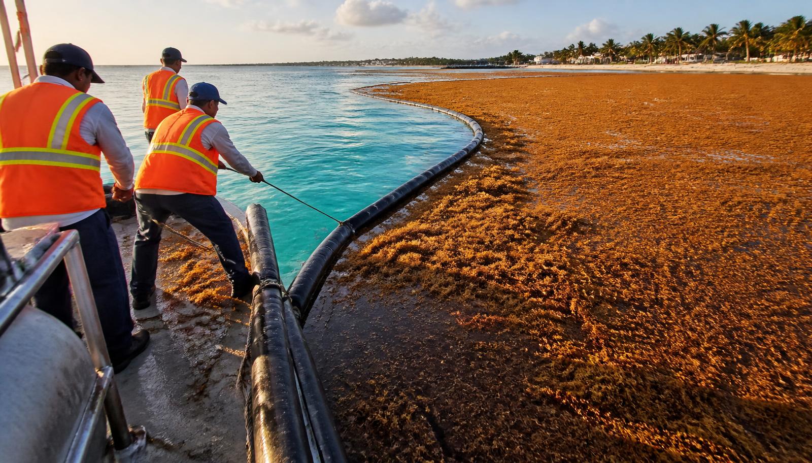 Crew deploying a floating containment boom that holds a Sargassum mat off a protected shoreline. Illustrative photograph created for this site.