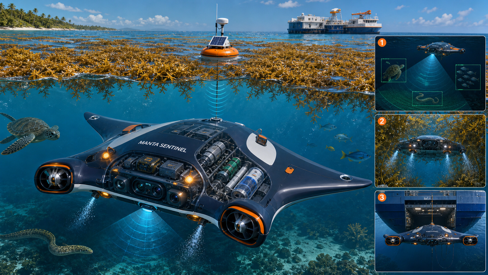 MANTA Sentinel concept illustration: an autonomous sub-surface vehicle mapping mat thickness beneath a floating Sargassum raft. Conceptual, not a deployed system.