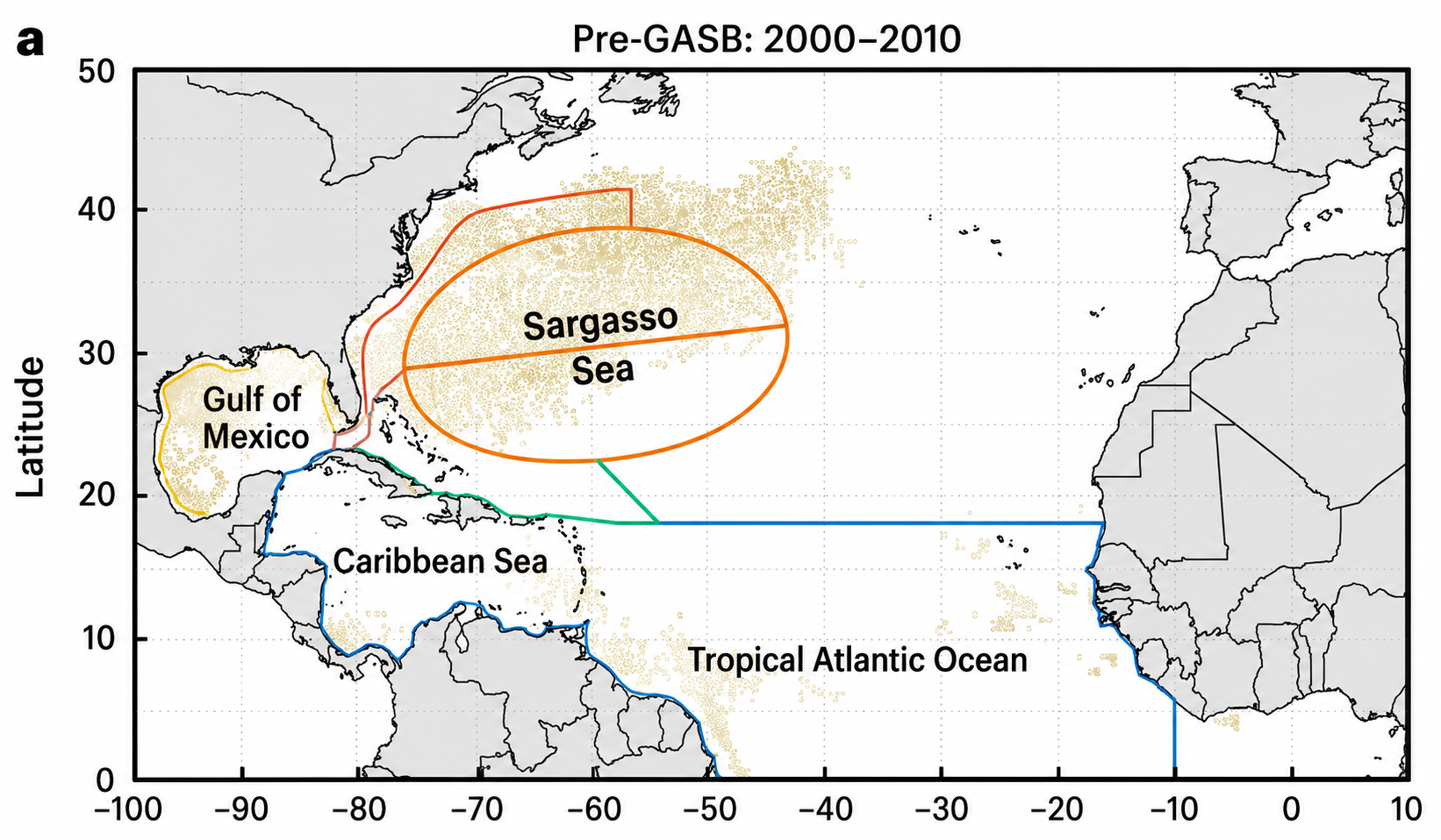 Satellite-derived mean Sargassum fractional coverage 2000–2010, concentrated in the Sargasso Sea gyre with almost nothing in the tropical Atlantic.