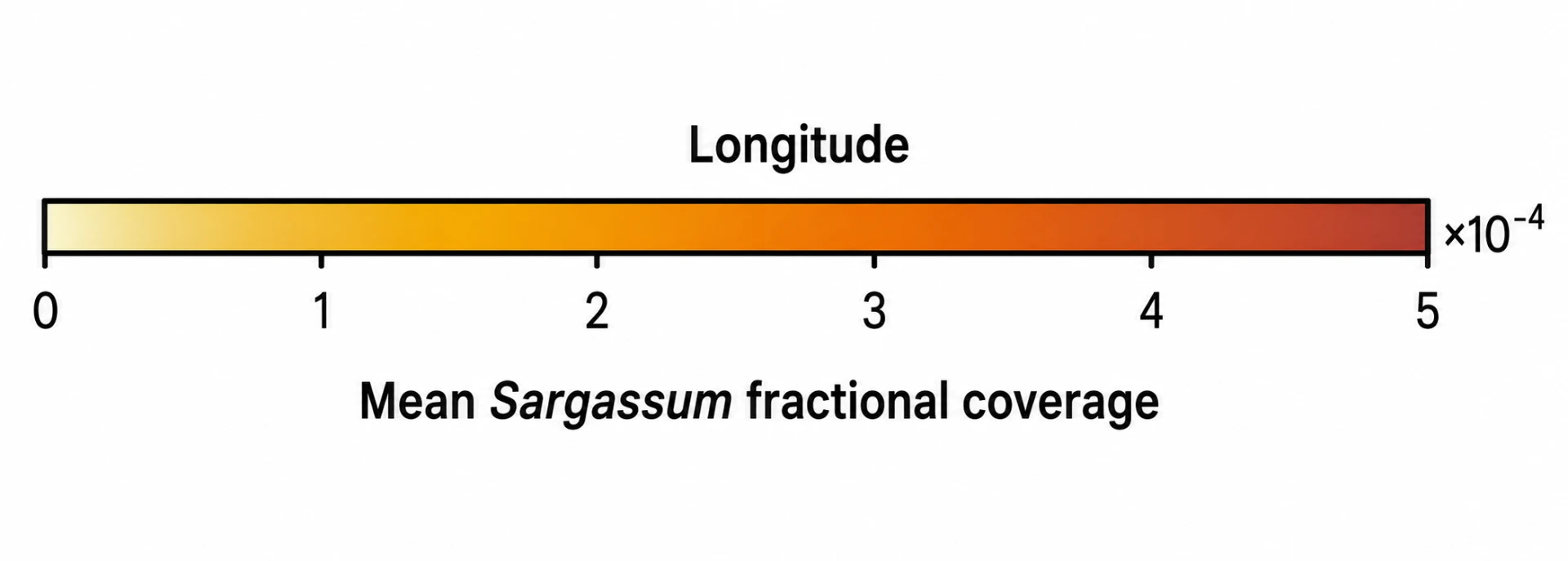 Colour scale: mean Sargassum fractional coverage, 0 to 5 times ten to the minus four.