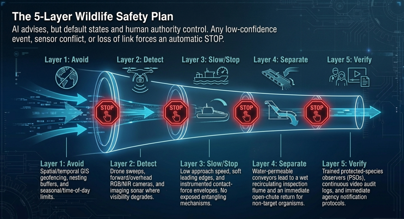 The 5-Layer Wildlife Safety Plan: Avoid, Detect, Slow/Stop, Separate, Verify.